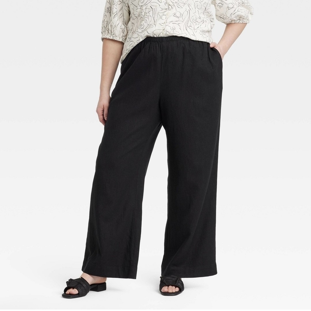 a new day Women's Black Linen Wide-Leg Pants